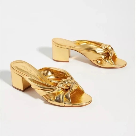 Schutz Mindy Mid Block Gold Metallic Leather Sandals Sz8.5 - Picture 1 of 11